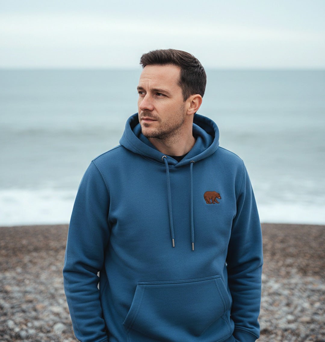 Bear Hoodie Mens Embroidered Brown Bear Hoodie UK Organic