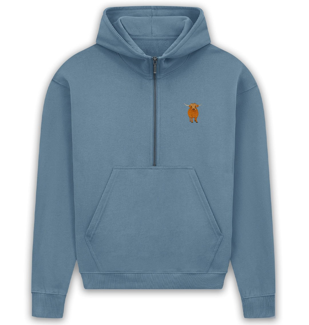 Highland Cow Womens Half - Zip Hoodie - Blue Panda