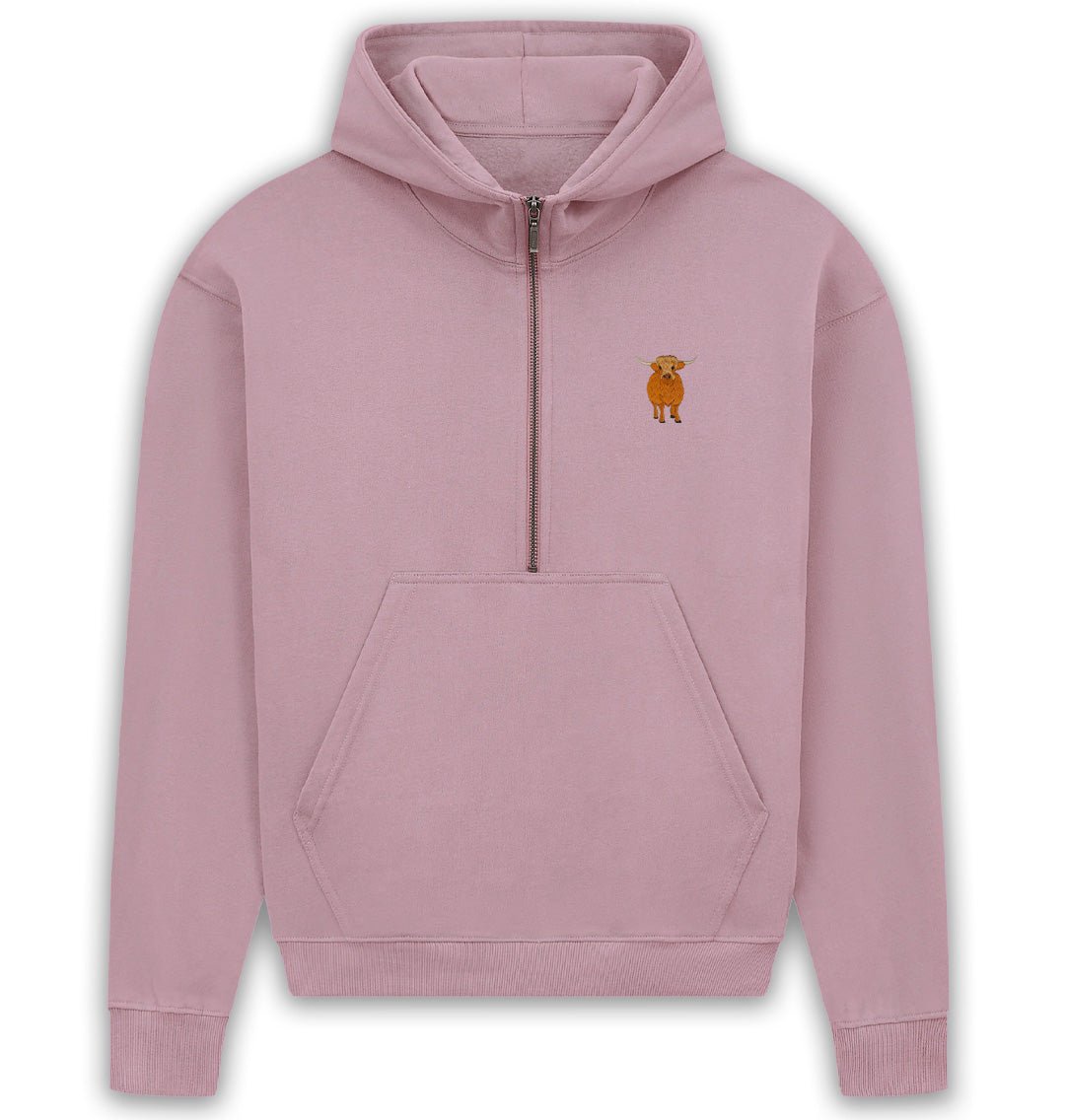 Highland Cow Womens Half - Zip Hoodie - Blue Panda