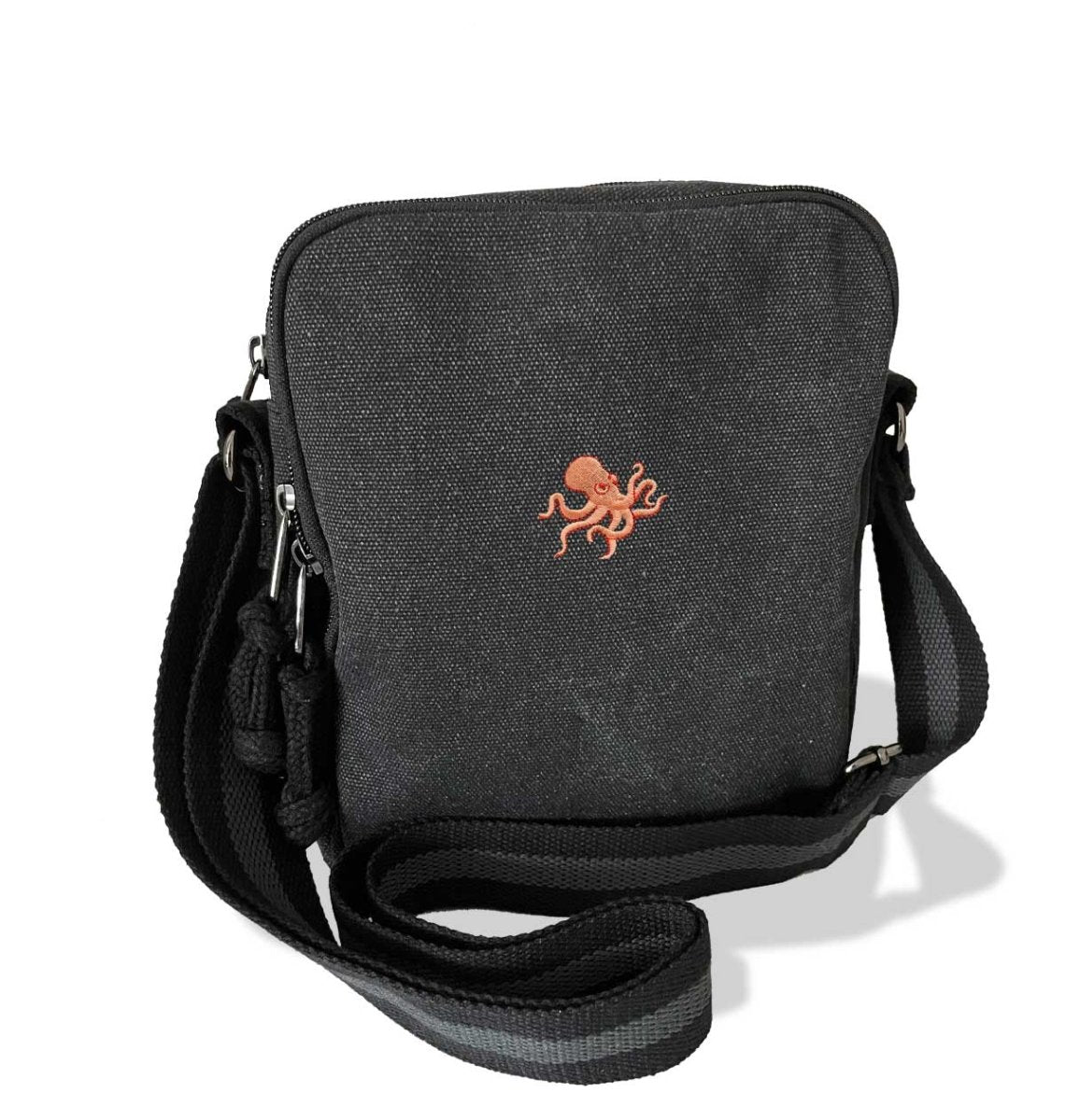 Octopus Vintage Canvas Cross-body Hand Bag - Octopus Embroidered Animal Lover Gift, Vintage Black